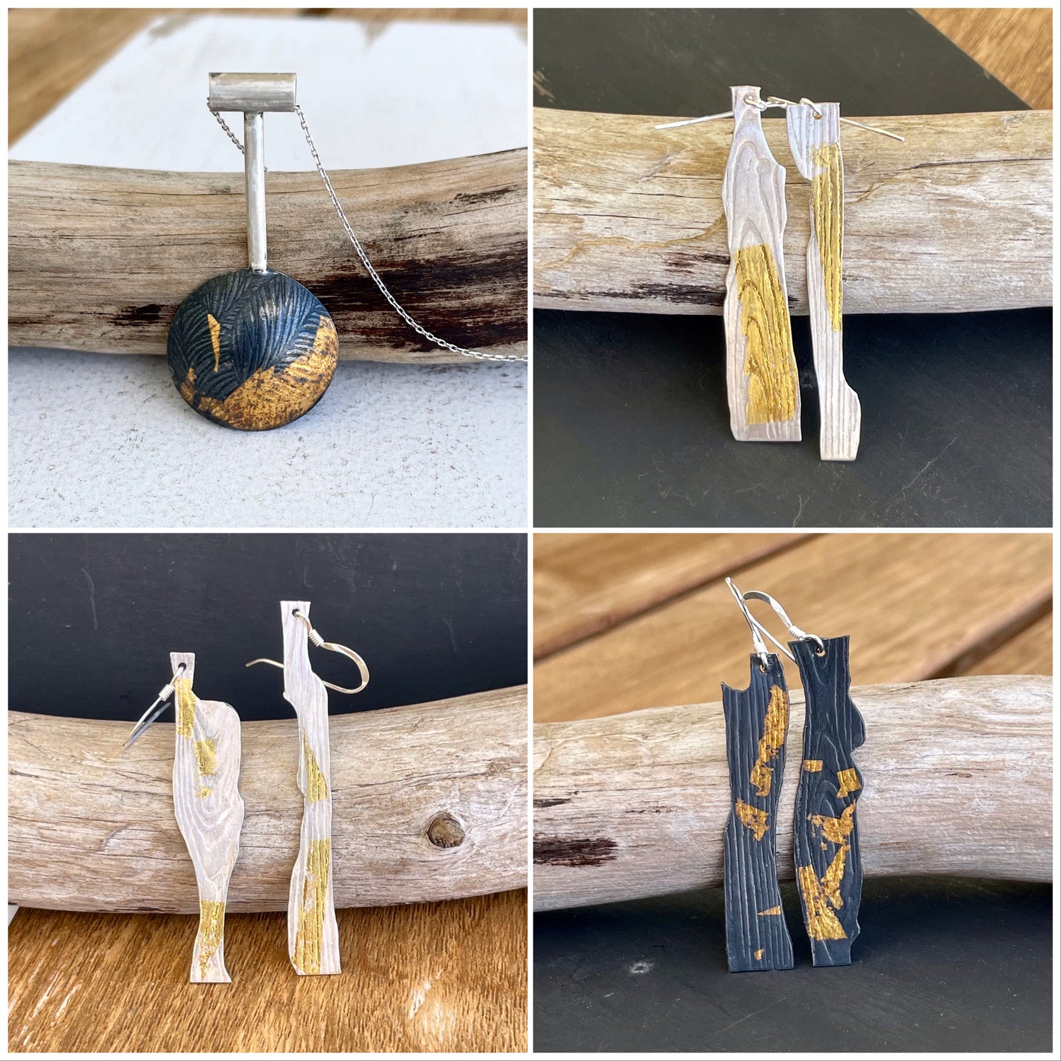 4 pictures of jewelry using the Keum Boo technique of applying gold to silver