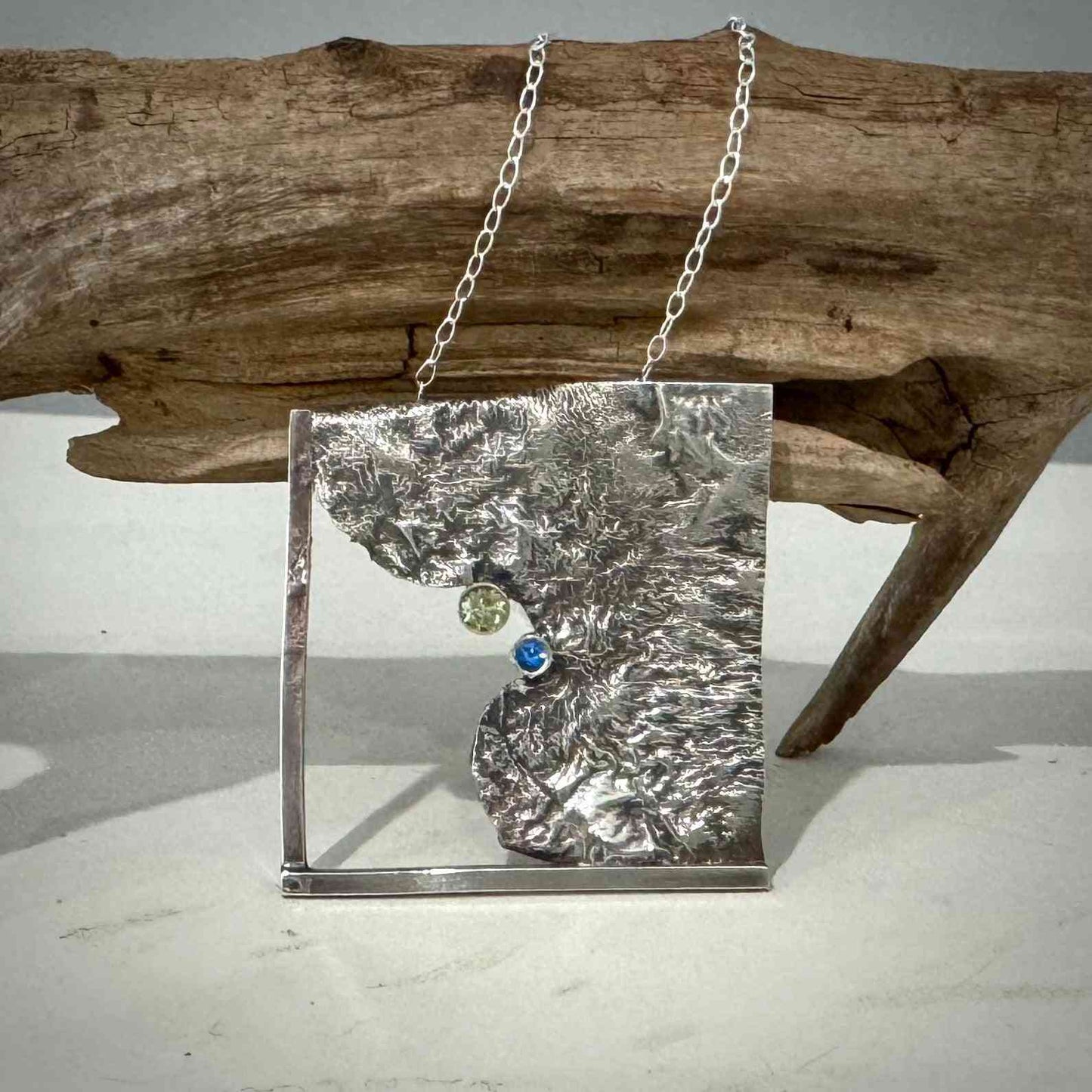 Reticulated Silver Necklace with Peridot and Blue Spinel - eliza brown jewelry