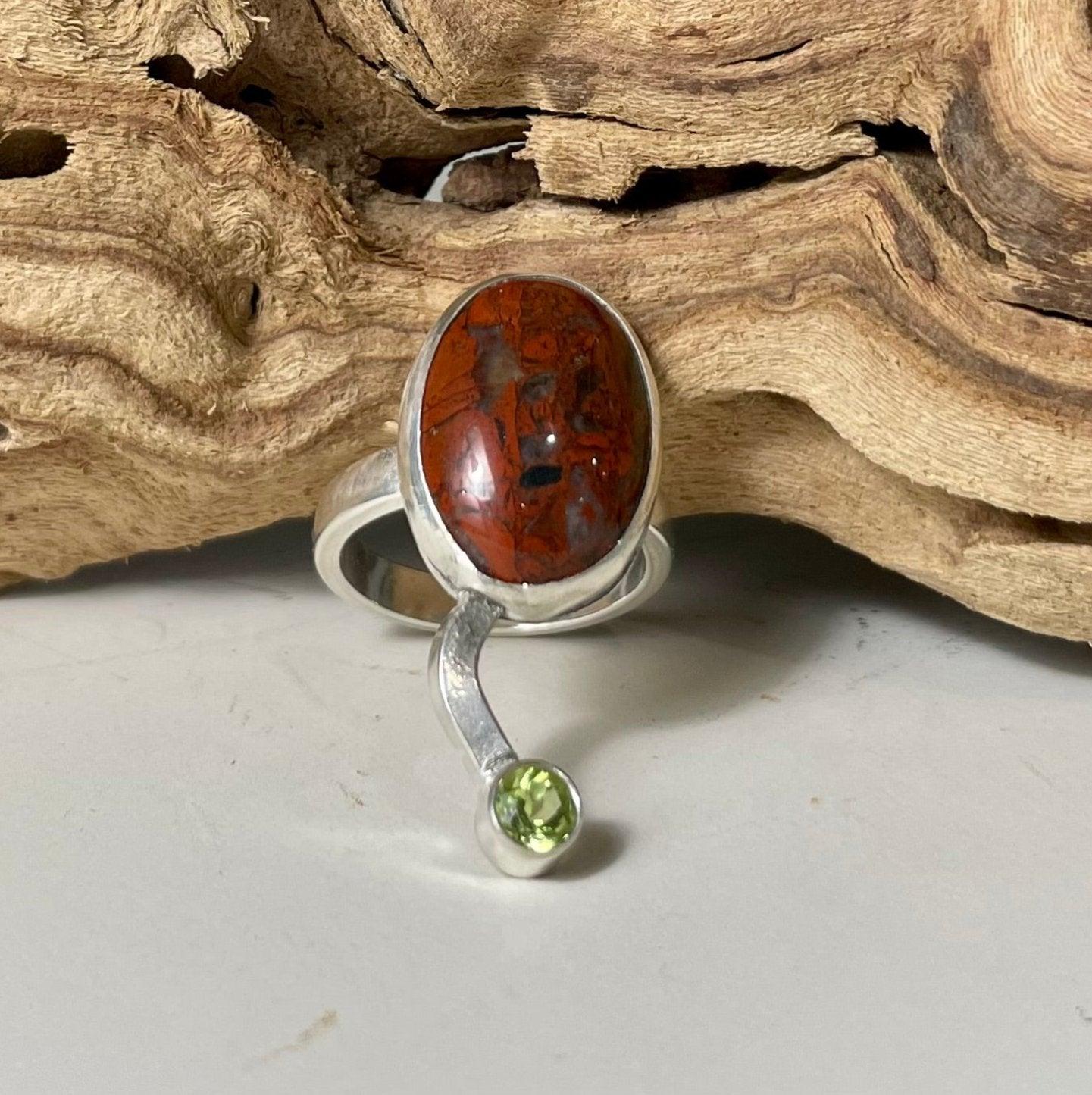 Silver Ring with Jasper and Peridot size 6