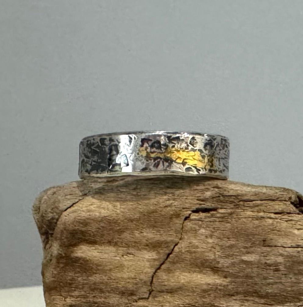Patterned Sterling Silver Ring with a Touch of Gold Size 11 - eliza brown jewelry