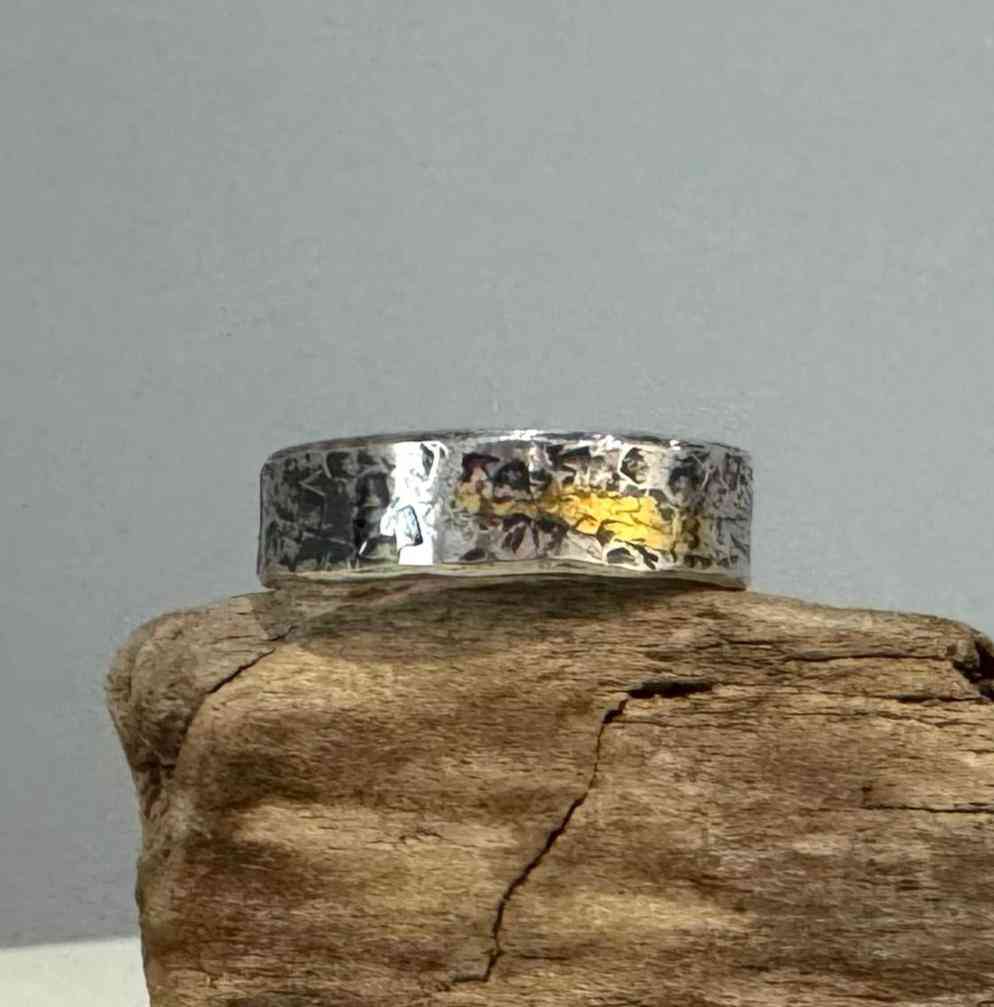 Patterned Sterling Silver Ring with a Touch of Gold Size 11