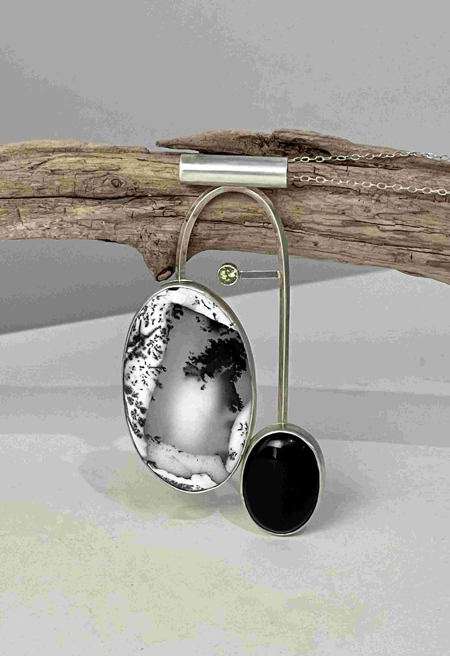 Sterling Silver Pendant with Dendritic Agate, Onyx and Peridot - eliza brown jewelry