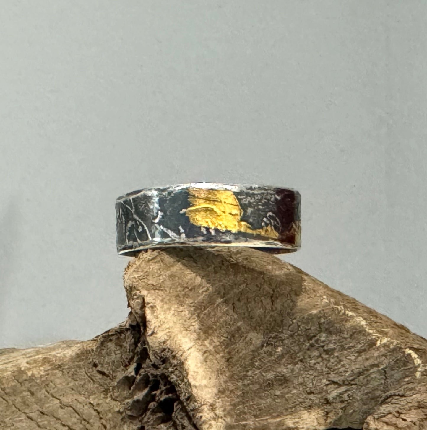 rustic silver ring with 24k gold leaf application. handcrafted, unique Keum Boo