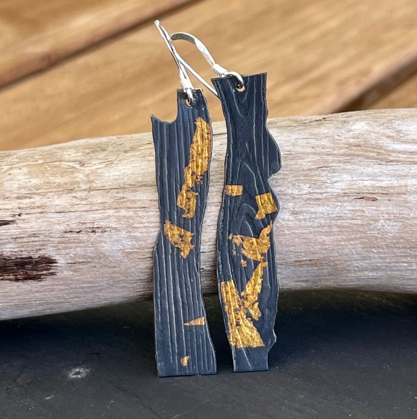 Sterling silver and gold puzzle earrings. black patina. handcrafted