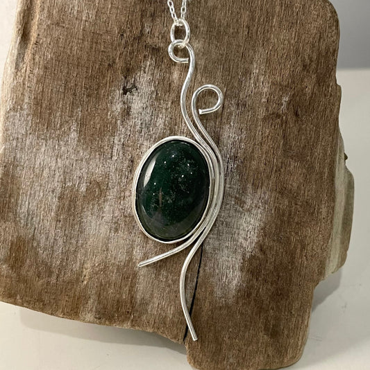 unique moss agate sterling silver necklace. handcrafted and one of a ind