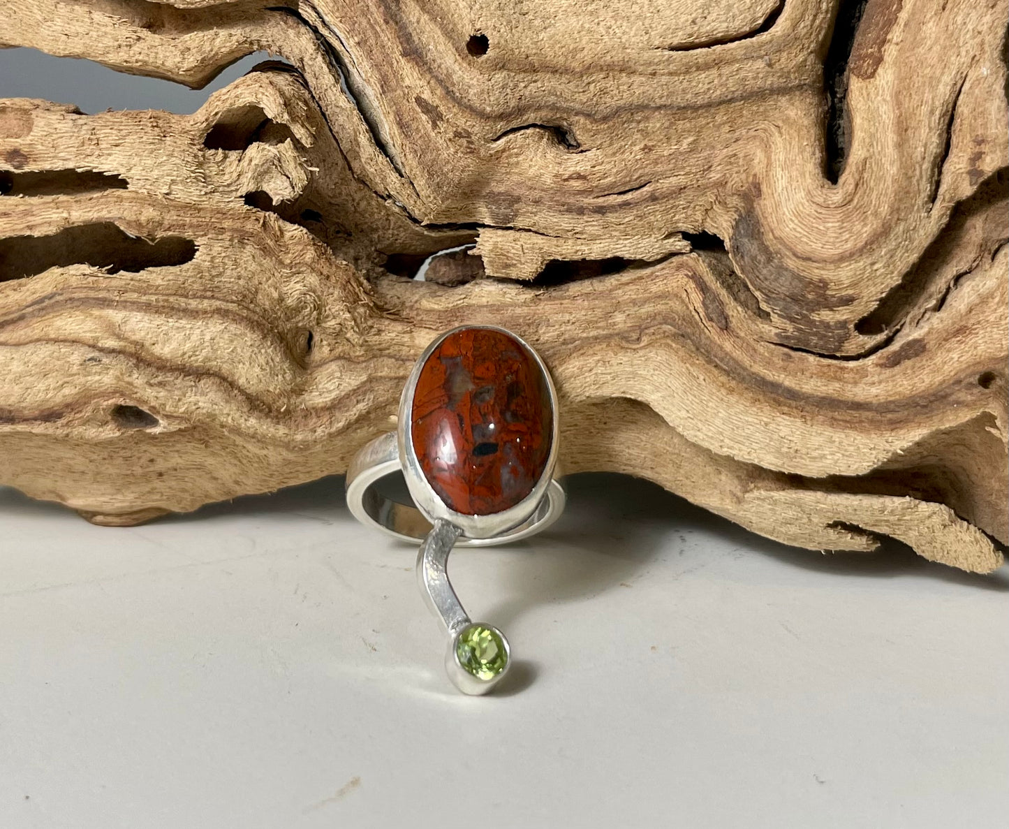 Silver Ring with Jasper and Peridot size 6