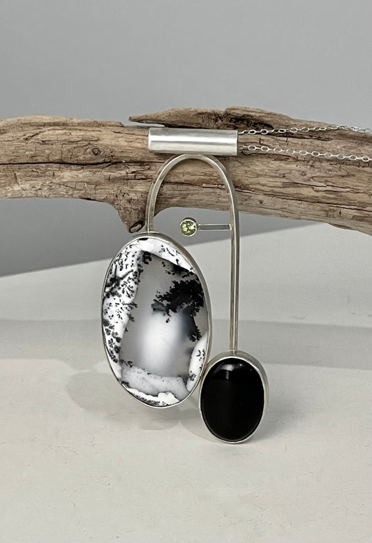 Sterling Silver Pendant with Dendritic Agate, Onyx and Peridot